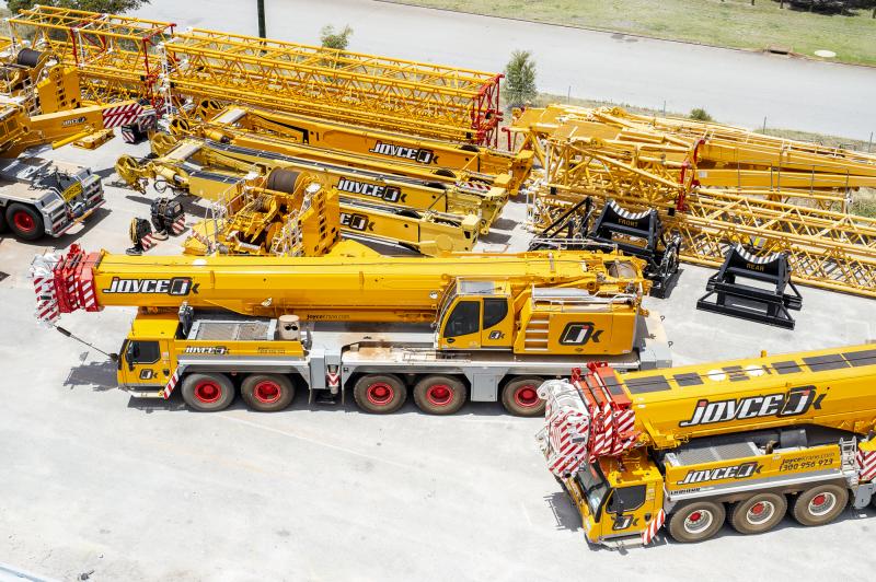Aerial view of the Joyce Crane Hire Perth mobile crane fleet
